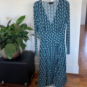 Max & Cleo Wrap maxi/long dress Sz M V neck long sleeves Blue Navy Green